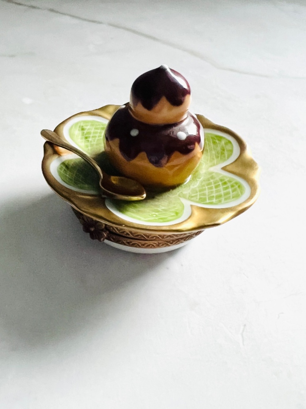 Limoges France P.V. Peint Main French Pastry Religieuse Trinket Box, Chocolate